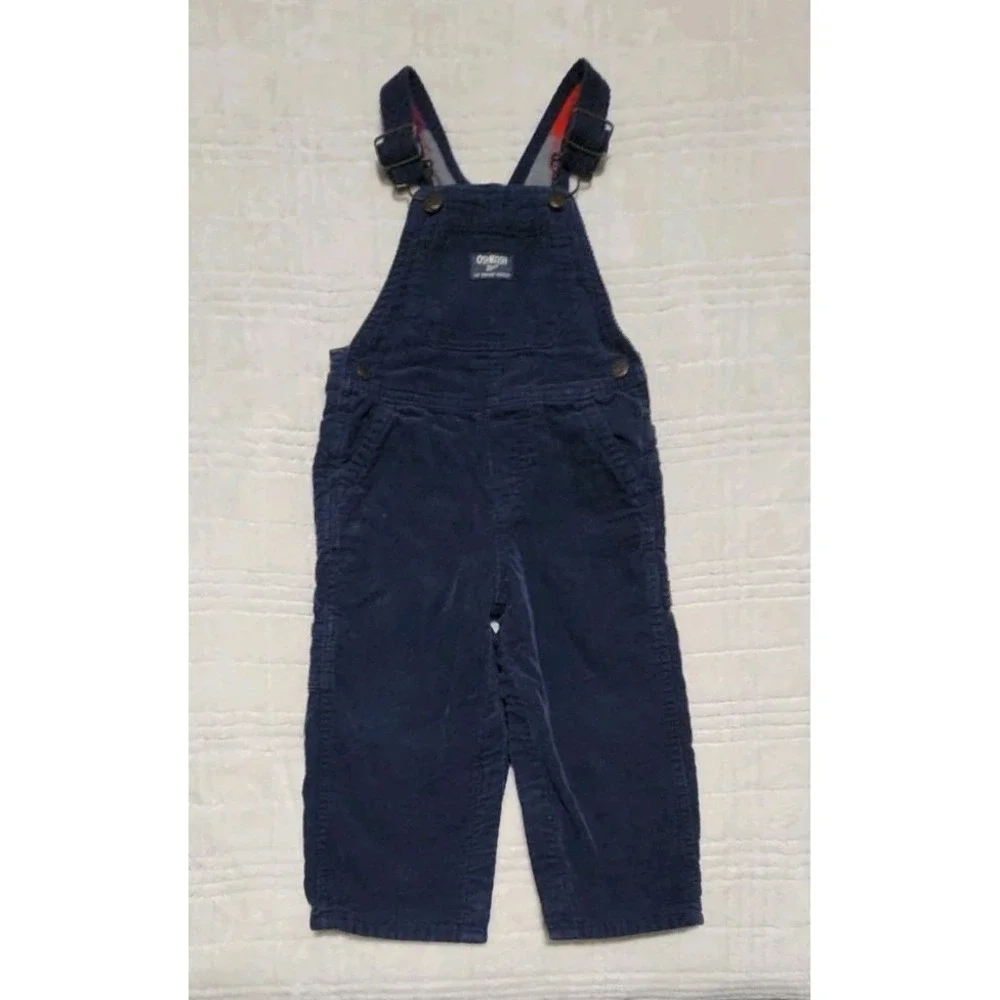 OSHKOSH B'GOSH Navy Blue Corduroy Plaid Flannel Lined Overalls Kids 24M Vintage